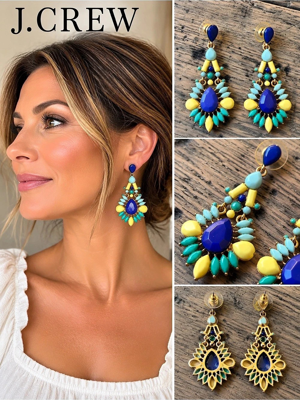 J.Crew Colorful Statement Earrings Blue Turquoise Yellow Chandelier Drop